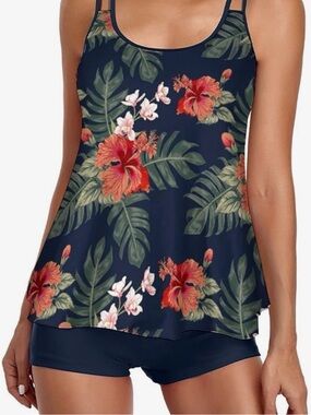 Navy Floral Tankini Top with Tropical Hibiscus Print